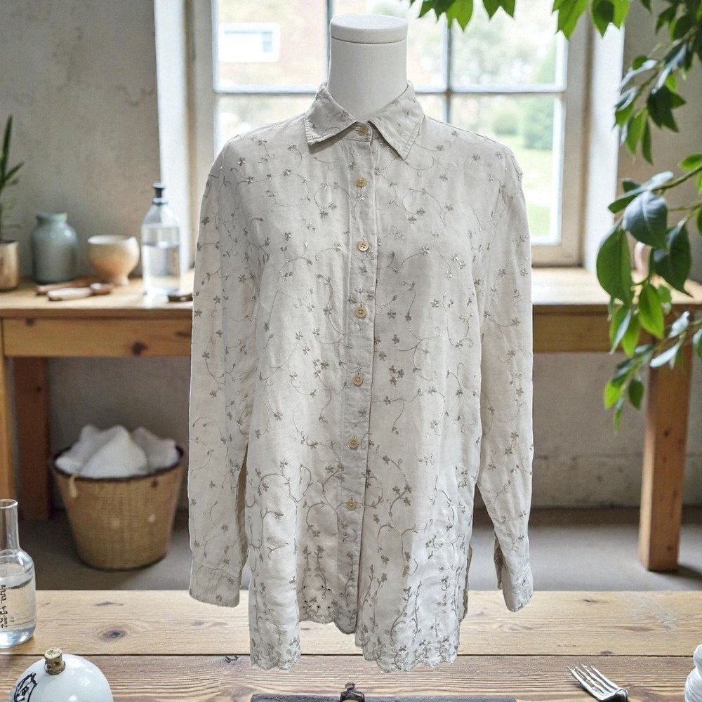 Talbots Irish Linen Blouse Embroidered Floral Button Shirt Boho Cottagecore SZ S